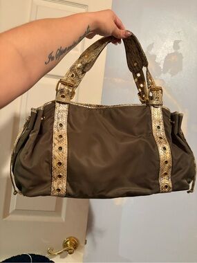 Beverly Feldman Gorgeous Green Nylon Python Gold Metallic Purse